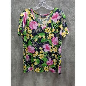 Floral Top‎ Women's Plus 1X Vneck Short Sleeve Stretch Casual Tropical Colorful